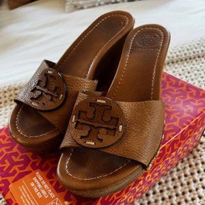 Tory Burch Tan Leather Patti Wedge Heel Sandals 8.5